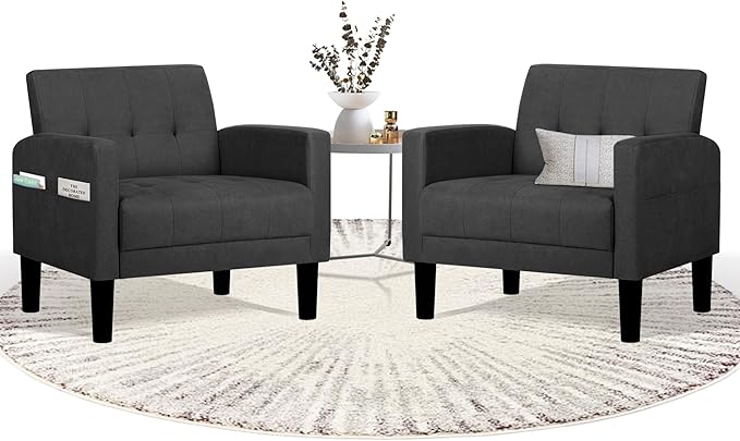 TYBOATLE Accent Chairs Set of 2 Living Room Chairs Cozy Tufted Mid Century Modern Accent Chairs with Arms for Bedroom Comfy Reading Arm Chair Small Chairs for Small Spaces Office (2, Dark Grey)