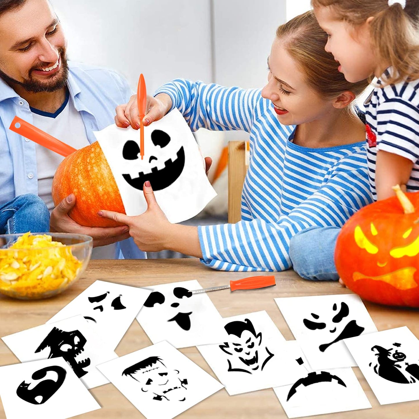 Halloween Pumpkin Carving Kit for Kids - 6 Tools Set, 6 LED Candles, 4 Balloon Headbands, 6 LED Rings, 6 Stickers, 10 Carving Stencils for Decorations