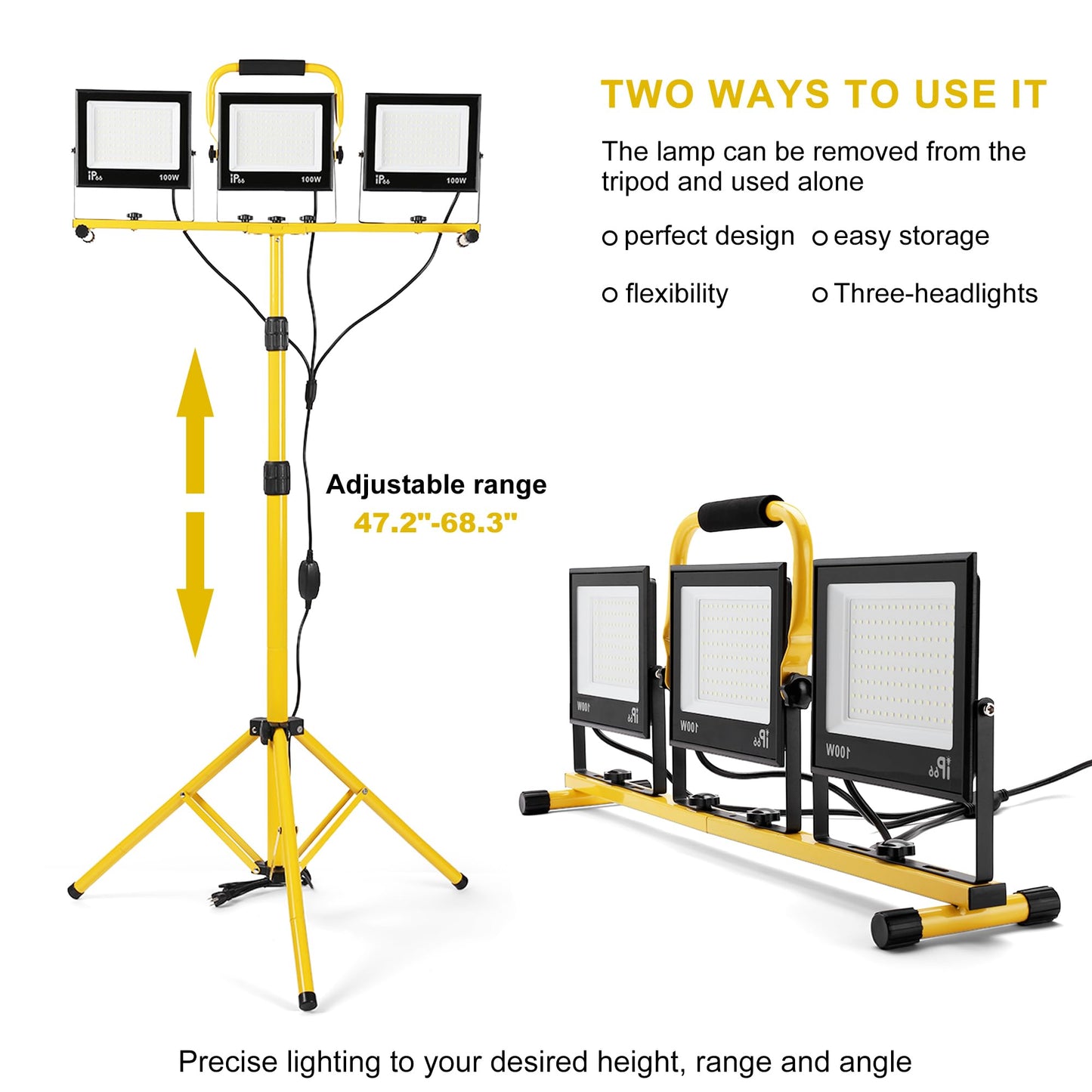 30000 Lumen Work Lights with Stand, 3 Adjustable Head LED Work Light, with Adjustable and Foldable Tripod Stand, Waterproof Lamp with 6500 Kelvin Color Temperature
