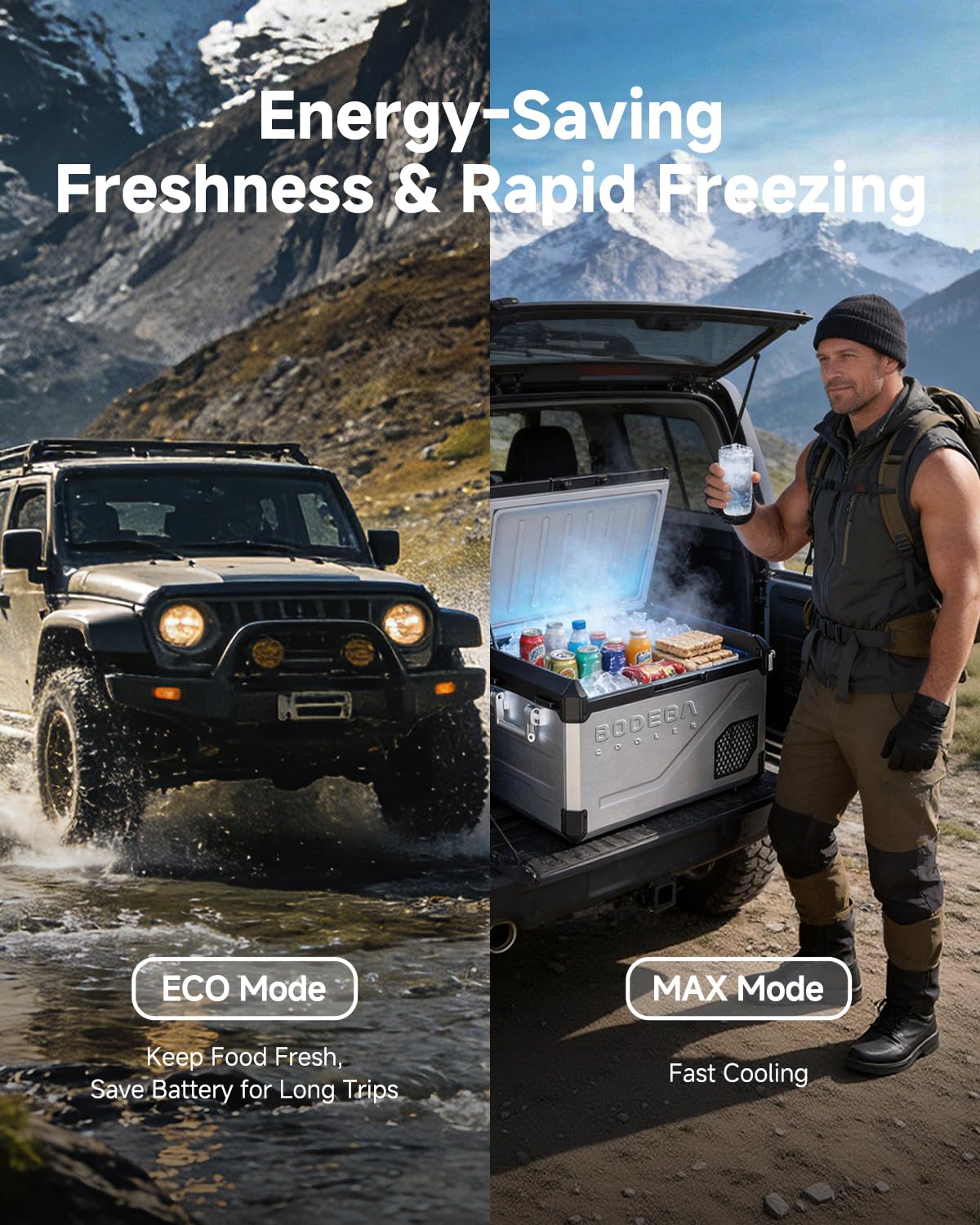 BODEGA 12V Car Refrigerator, 63QT Stainless Steel Portable Fridge with Removable Divider for Dual Zone MAX/ECO Modes & Battery Protection, Electric Cooler for RV, Truck, Camping