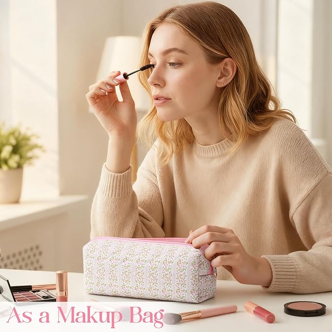Paterr Aesthetic Floral Makeup Bag Travel Cosmetic Bag for Women Gift Christmas Portable Quilted Makeup Pouch Cotton Pencil Case Kawaii Cute Toiletry Organizer Case for Women Girls(Pink Floral)