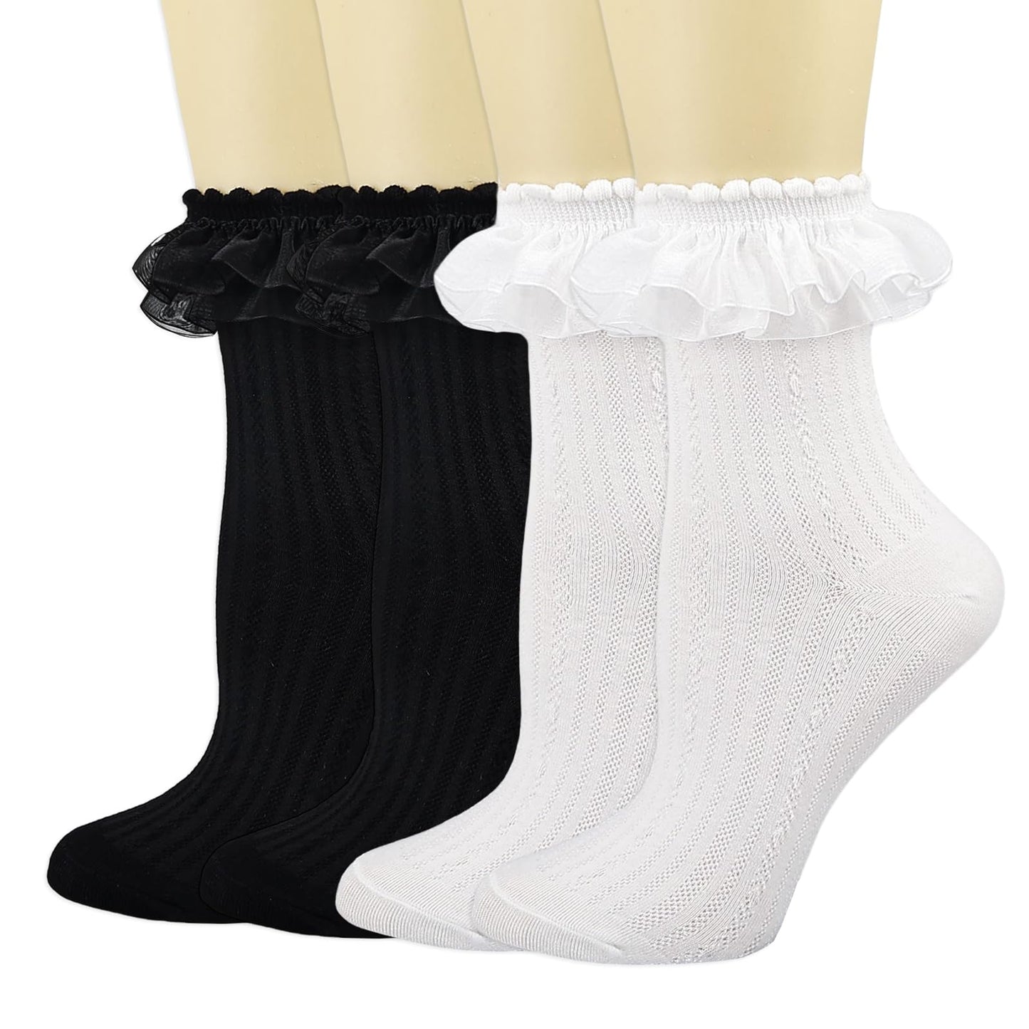 BIVOLU Womens Crew Socks Lace Ruffle Frilly Cotton Cute Princess Ankle Dress Socks for Girl 4 Pack