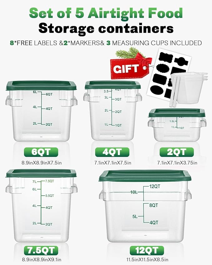 6QT NSF Food Storage Containers with Lids: 4 PCS [Total Food Grade][Hot&Cold Resistant] Commercial Clear Food Storage Containers for Restaurant Kitchen Proof Dough, Measuring Spoons Included(Green)