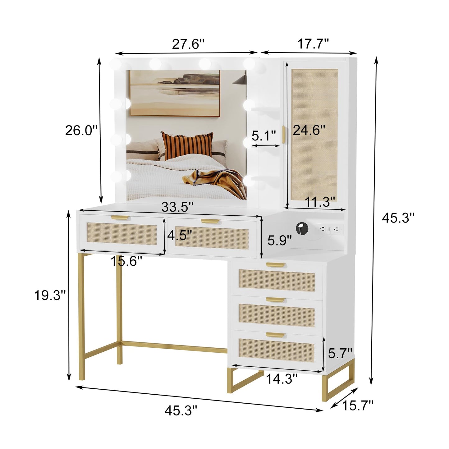 Garvee Rattan Vanity Desk with 12 LED Lights & Charging Station, Makeup Vanity Table with 5 Drawers and 8 Storage Shelves, 3 Lighting Modes Dressing Table with Power Outlet, White Gold