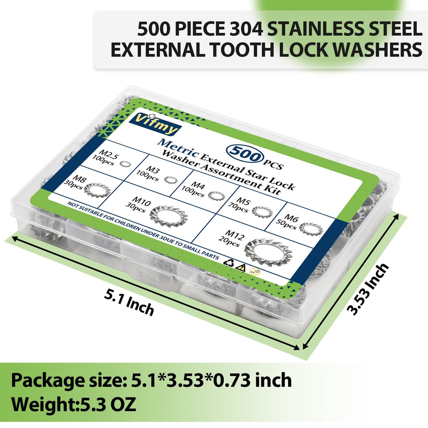 Vifmy External Tooth Lock Washers Assortment Kit(500 Pack),M2.5 M3 M4 M5 M6 M8 M10 M12 Metric 304 Stainless Steel External Star Washer Sets