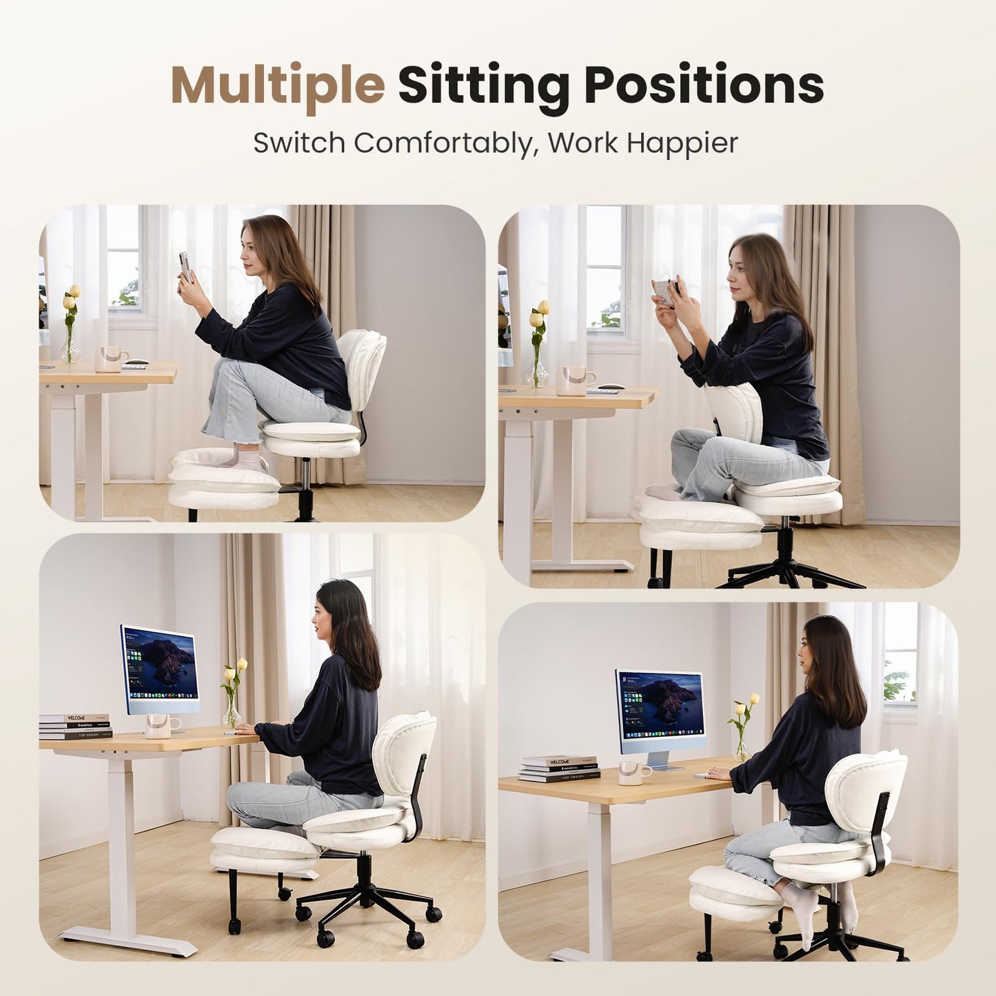 HOMRELEXA Cross Legged Office Chair, Ergonomic Cloud Criss Cross Desk Chair, Meditation Chair with Wheels, Height Adjustable Seat for ADHD, Wide Kneeling Chair with Back Support