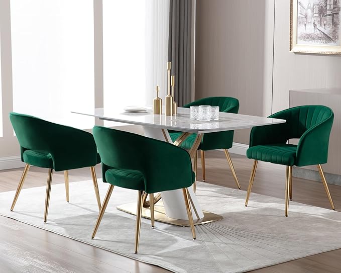 KCC Modern Accent Dining Chairs Set of 6, Upholstered Velvet Dining Room Chairs with Hollow Back, Tufted Kitchen Chairs Side Chairs with Gold Metal Legs for Living Room Restaurant, Green