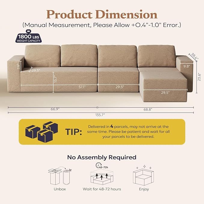 Furnify 136" Modular Sectional Couch Left/Right Facing Convertible, L-Shape Modern Teddy Sofa, Deep Seat Upholstered Foam Couch for Living Room Bedroom, No Assembly Required (Camel, Teddy Boucle)
