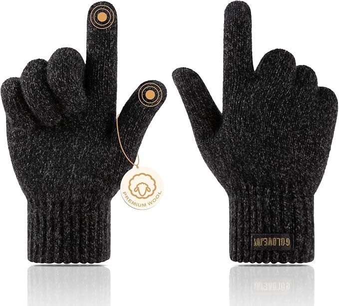 Winter Wool Gloves for Men Warm Knitted Touchscreen Cold Weather Gloves for Running Driving