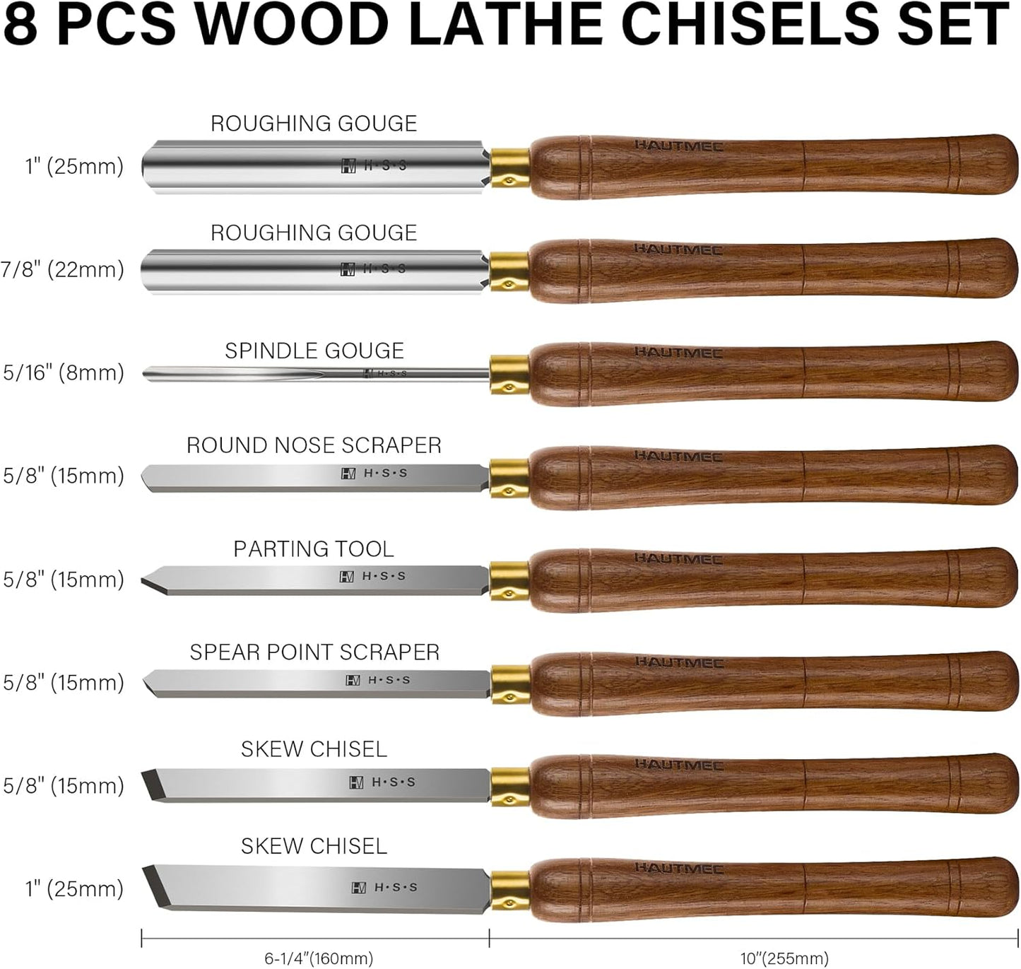 HAUTMEC Pro HSS Wood Lathe Turning Chisel Set 8 Pcs, Lathe Chisel Set with 3 Gouge 2 Skew 1 Spear Point 1 Parting 1 Round Nose Tools with 1680D Tool Bag for Professionals and Beginners - HTWCH25028