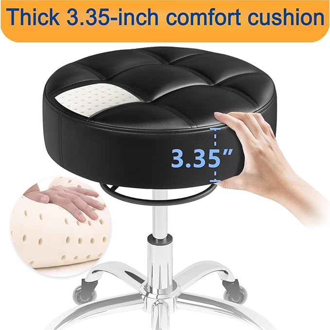 YEEZEE Heavy Duty 400lb Rolling Stool: Super Soft Leather Seat Cushion, 360 Swivel, Height Adjustable, No Squeak, No Tip Over, Salon & Spa Stool (Black)