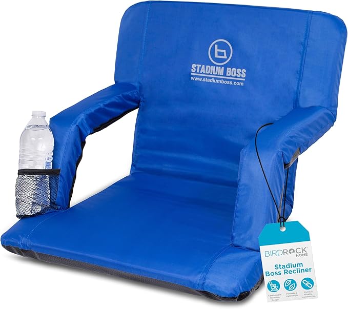 Stadium Boss Recliner Stadium Seat for Bleachers, Benches, Lawns, Backyard, Camping & Beach – Padded Sport Chair, Cushion Backs & Armrest – 6 Reclining Positions – Portable Carry Straps – Blue
