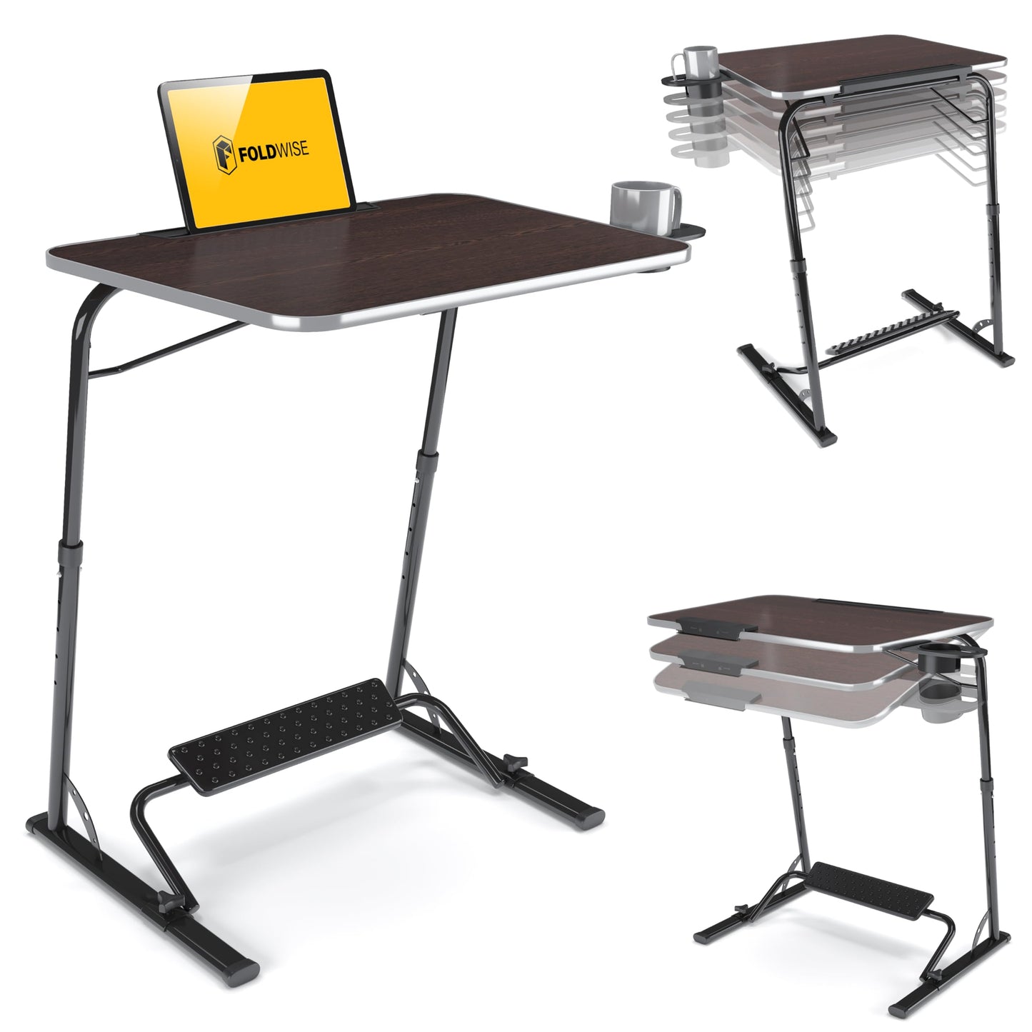 FoldWise Upgraded Folding TV Tray Table - Extra Large & Sturdy Laptop Table for Couch, Height & Angle Adjustable Desk for Dinner, Work & TV - Includes Footrest, Cup Holder, iPad Holder & Edge Stopper