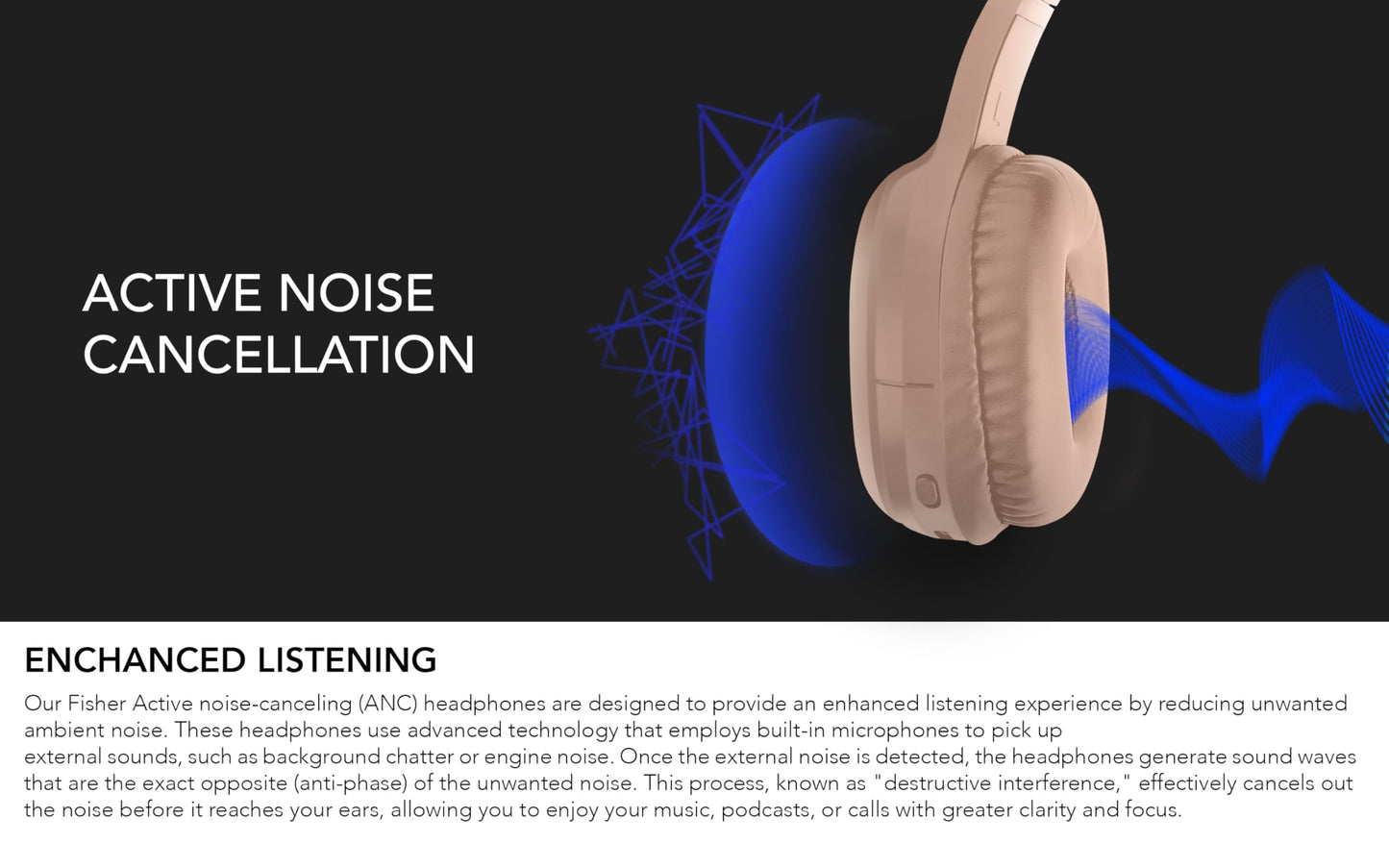 Fisher Active Noise Cancelling Headphones, Over Ear Wireless Bluetooth 5.3 w Microphone, Lightweight Comfortable Headset for Home Travel, 16H Playtime, Rechargeable, Hi-Res Sound Audio, Deep Bass