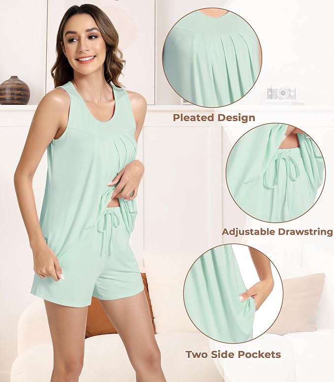 NACHILA Pajamas for Women-Viscose from Bamboo, Ribbed Racerback Tank Top Sexy Split Shorts Pajama Sets Cooling Sleep Cami Pjs