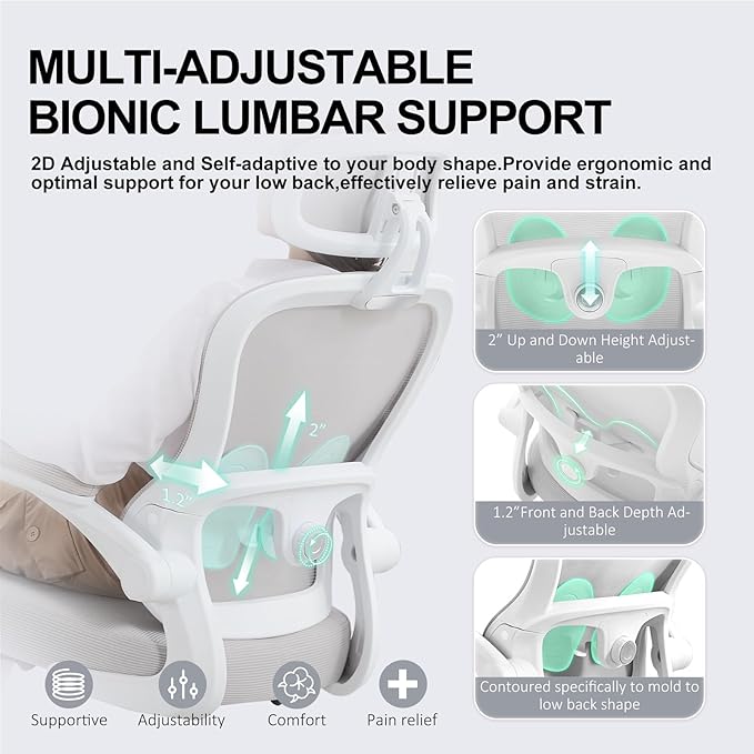 TUKAKA Ergonomic Office Chair,Ultra Thick Office Desk Chair with Adjustable Lumbar Support and Headrest,Spring Cushion,Rocking Function,Flip-up arms,Mesh Computer Chair for Home Office,Grey