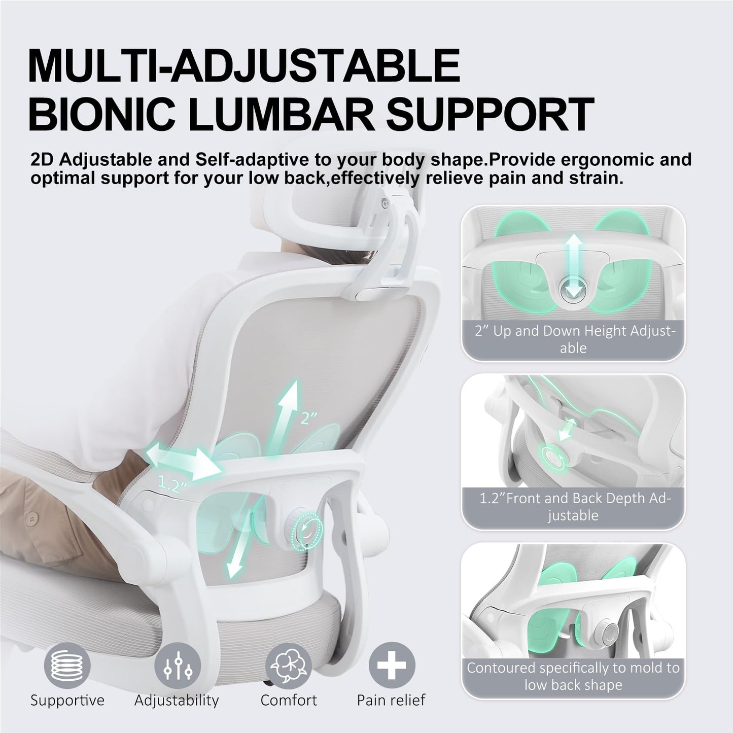 TUKAKA Ergonomic Office Chair,Ultra Thick Office Desk Chair with Adjustable Lumbar Support and Headrest,Spring Cushion,Rocking Function,Flip-up arms,Mesh Computer Chair for Home Office,Grey