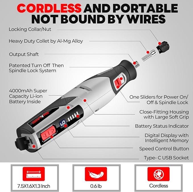 PHALANX Cordless Rotary Tool Kit, 4V 4000mAh Battery, 80 Accessories, 9 Speed Settings, 28000 RPM Max, Type-C Charging (PRT-Grey)
