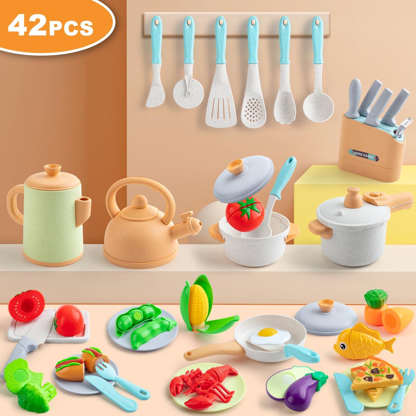 Kids Play Kitchen Accessorie, 42Pcs Toddlers Pretend Toy Kitchen Playset Cooking Sets with Pressure Pots and Pans, Cookware, Utensils, Cutting Play Food Preschool Education Toys Gift for Girls Boys