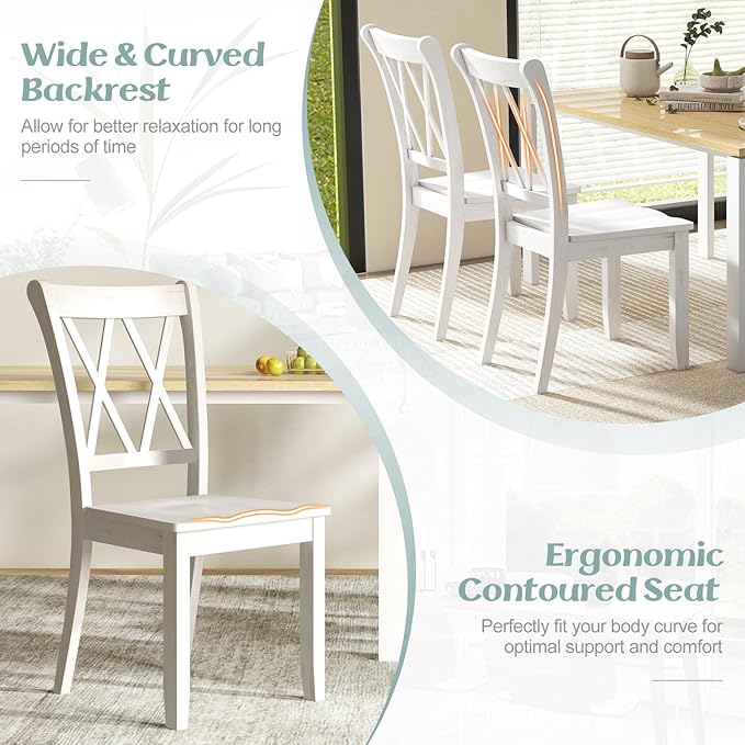 Giantex Wood Dining Chairs Set of 4 White, Rustic Armless Kitchen Chairs w/Rubber Wood Frame, Cross Back, Contoured Seat, Farmhouse Wooden Side Chairs, High Back Kitchen Chairs for Home Dining Room