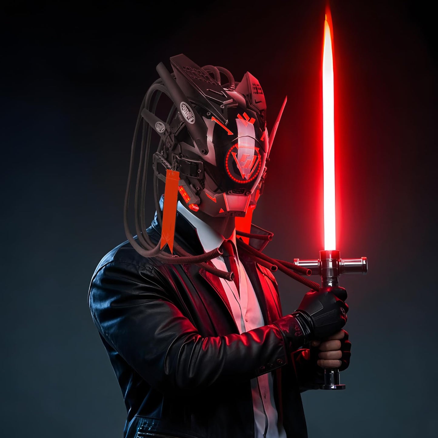 foymi Punk Helmet Mask Round Light LED Light with Braids, 6 Punk Stickers, Futuristic Mask for Cosplay, Music Festival, Halloween