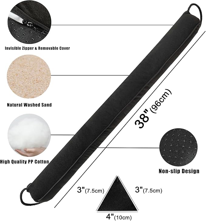 Marwood Under Door Draft Stopper 38 inch Wind Stopper for Door & Window, Removable and Washable Weighted French Air Draft Stopper Triangle Noise Blocker for Bottom of Door with Hanging Loops - Black