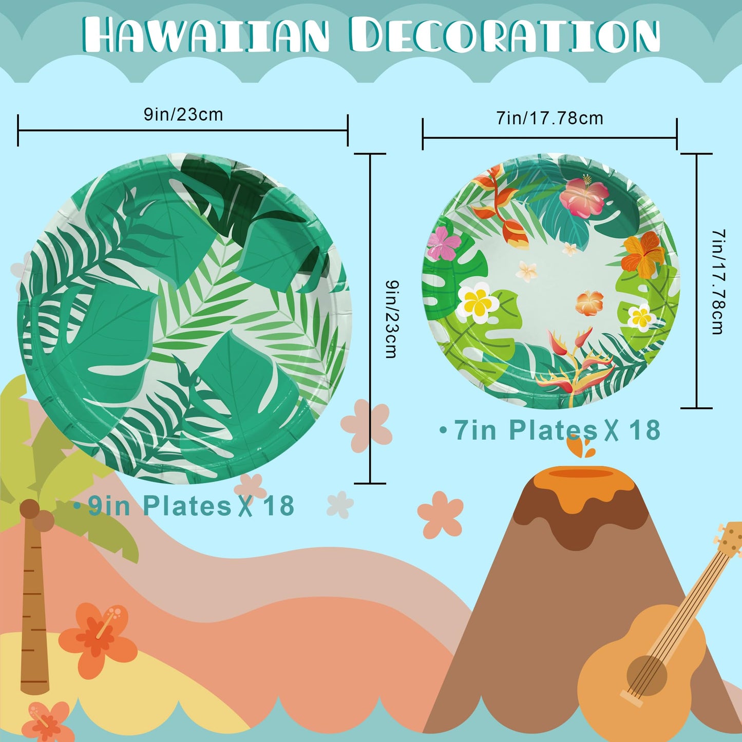 MDDRUIQI Luau Party Decorations - 36 Pack Hawaiian Plates - Tropical Party Decorations with Hibiscus Flowers & Palm Leaf | Hawaiian Themed Supplies for Summer Pool Beach Decor
