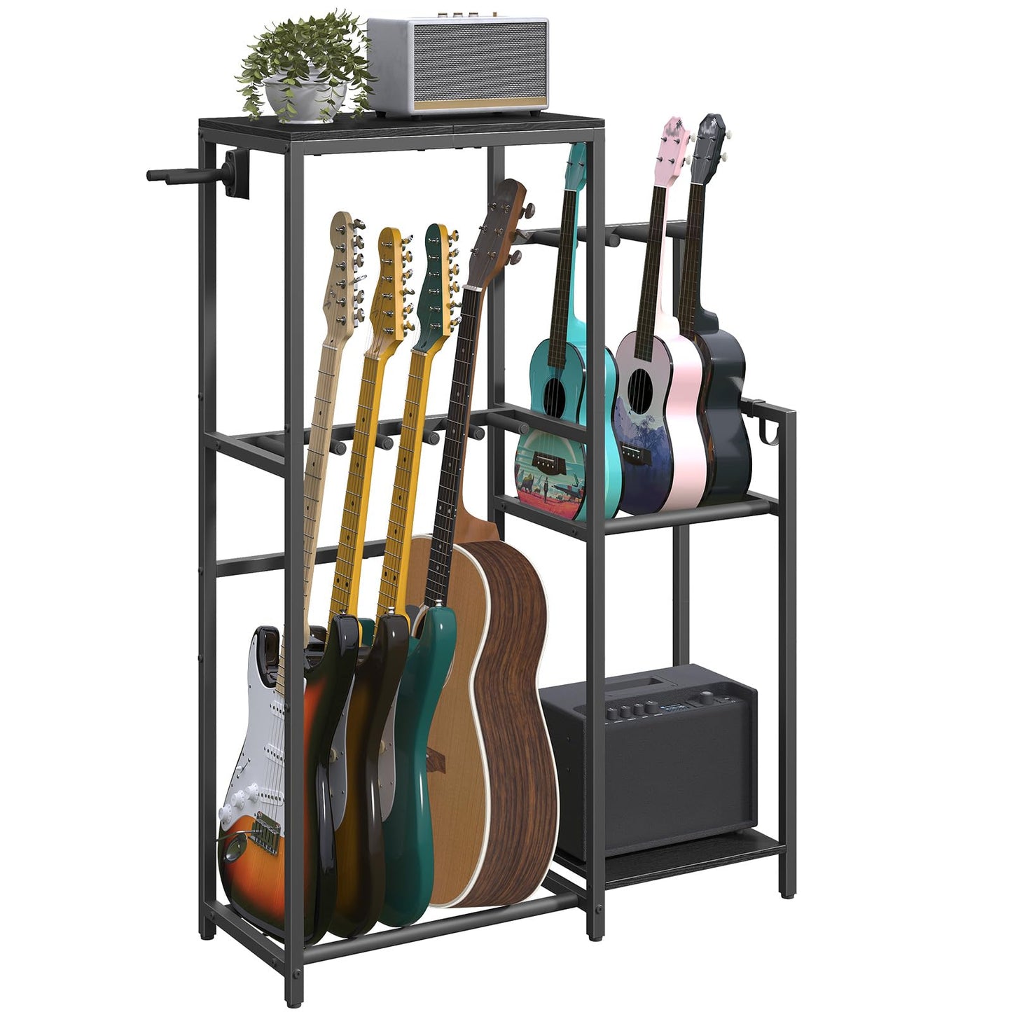 Mahancris Multi-Guitar Rack, For Acoustic, Electric, Bass, Ukulele, Banjo, 5 Guitars, Amp Stand, Record Rack, Accessory Holder,