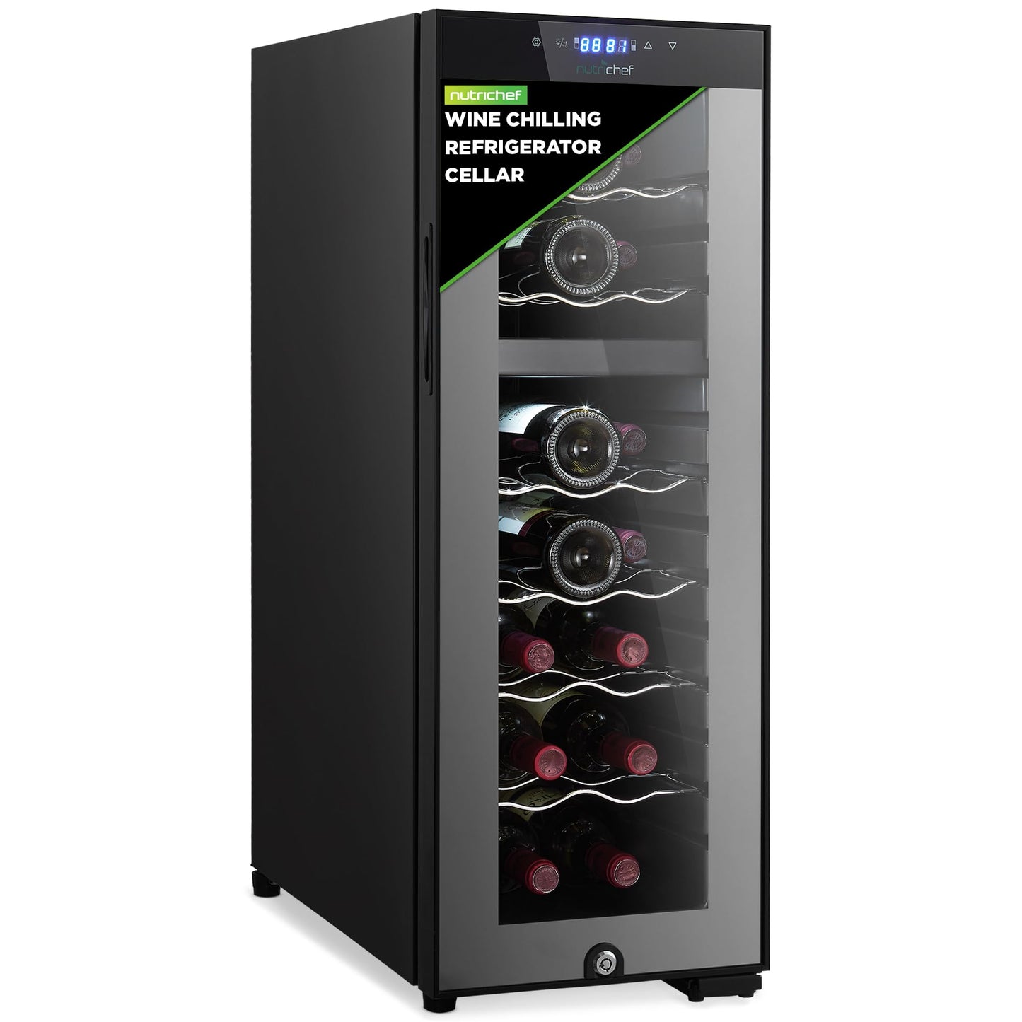 Nutrichef 18 Bottle Wine Fridge - Dual Zone Wine Chiller, Adjustable Temperature 41°F to 64°F, Ultra Quiet Operation, Free Standing Wine Cooler For Home, & Office, 32 x 11 x 26 IN (Black)