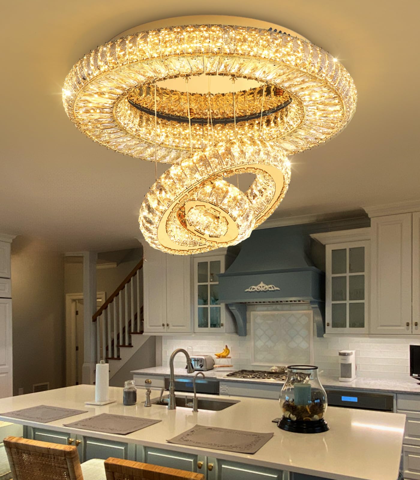 24'' Modern Crystal Chandeliers for Living Room LED Dimmable Ceiling Light Fixtures for Flush Mount Light for Bedrooms Foyer Hallway Entryway Gold