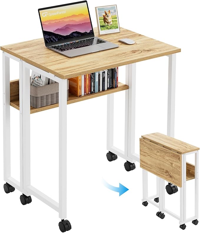 GreenForest Folding Desk Small Rolling Desk with Storage Shelf,24.8 inch Foldable Computer Desk with Wheels for Small Spac...