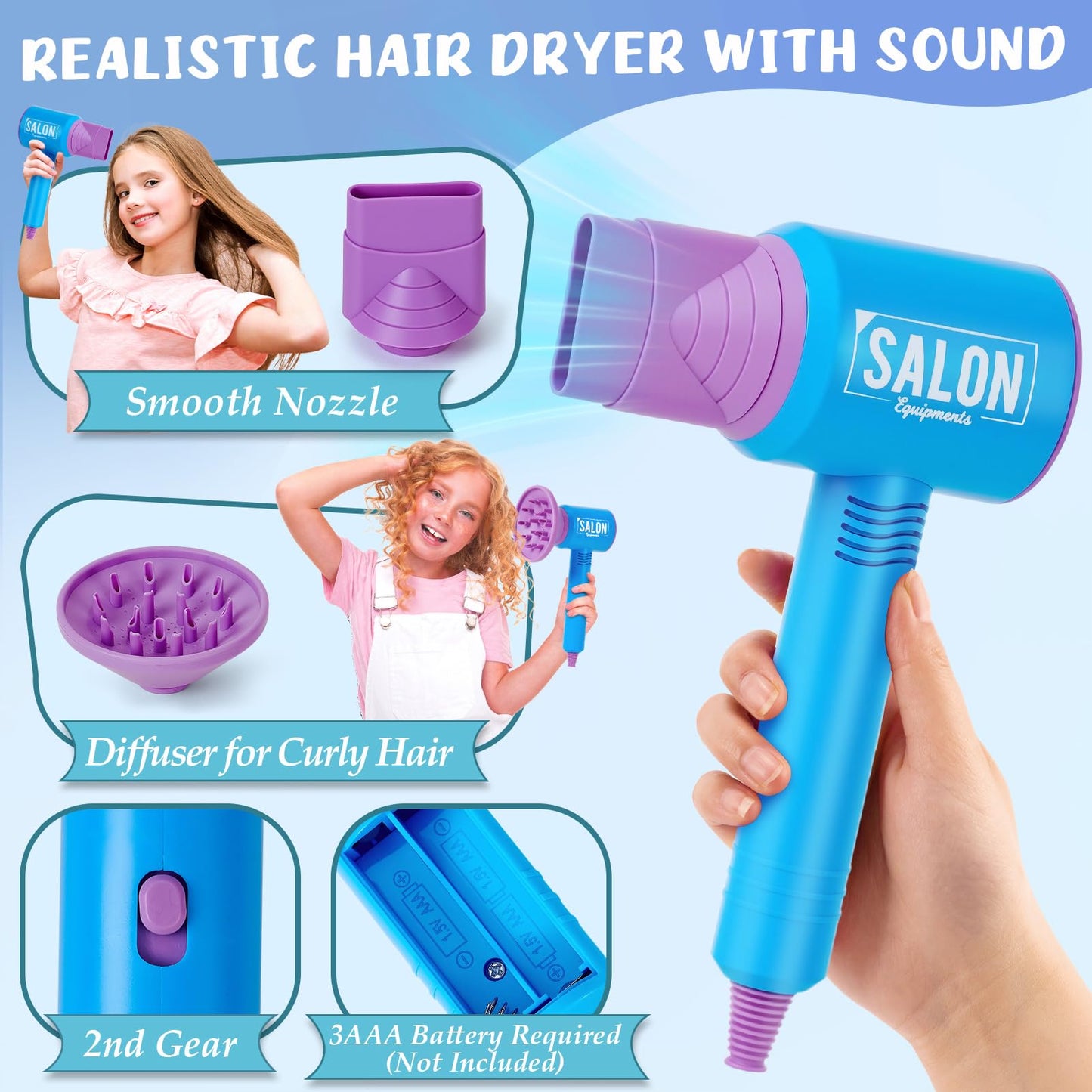 Cleboen Hair Salon Toys for Girls, Kids Pretend Play Beauty Salon Hair Styling Set with Blow Dryer Straightener Mirror Apron Styling Accessories & Makeup Set, Birthday Gifts for Girls 3 4 5 6 7 8+