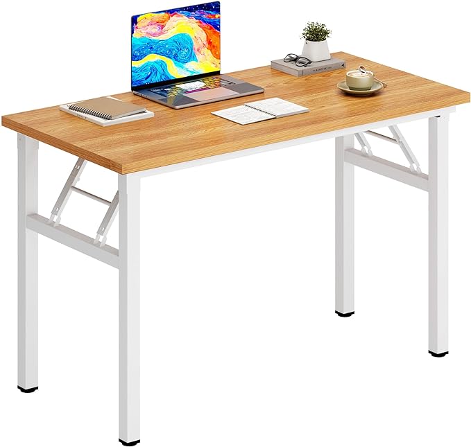 DlandHome Folding Desk Small Desk 31.5 inches Computer Desk for Home Office Folding Table Writing Table for Small Spaces No Assembly Required Teak & White Frame