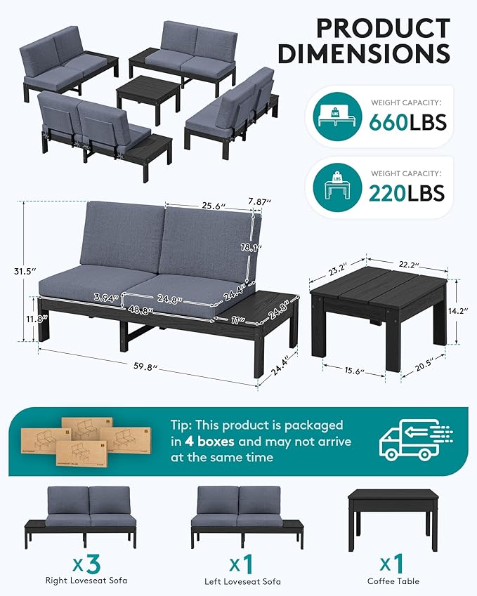 SERWALL HDPE Patio Furniture Set, 8 Seats Outdoor Sectional with Coffee Table, Outdoor Conversation Sets with Adjustable Backrest Sofa for Garden, Poolside, Black Frame with Grey Cushion