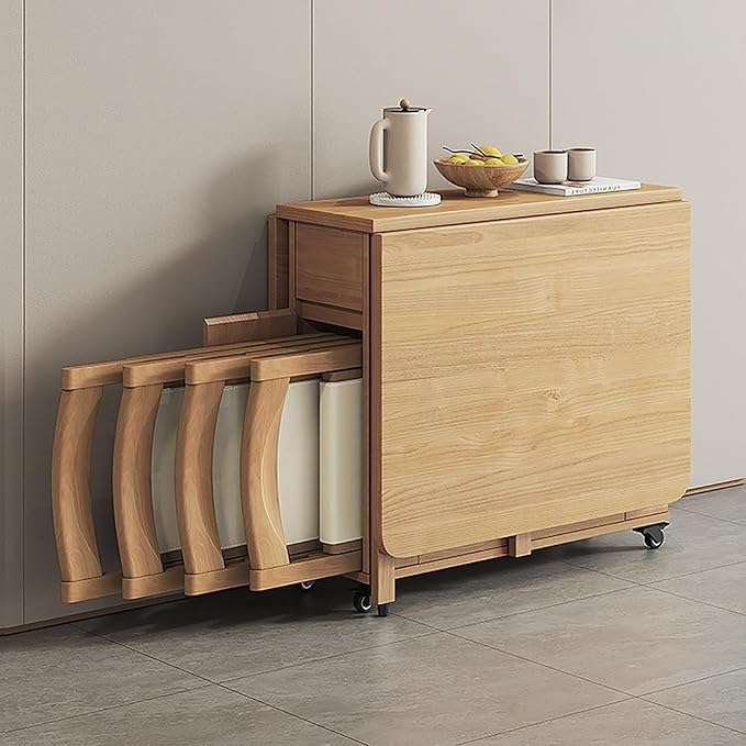Modern Wooden Foldable Dining Table Set, 55.11cm x 31.4cm x 2cm, Kitchen & Dining Room Set, 4 Chairs, Storage Drawer