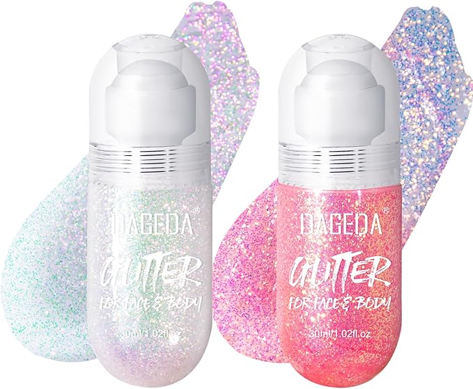 DAGEDA 2Colors Roll-on Body Glitter Gel for Body, Hair, Face, Holographic Glitter Makeup for Rave Accessories, Body Shimme...