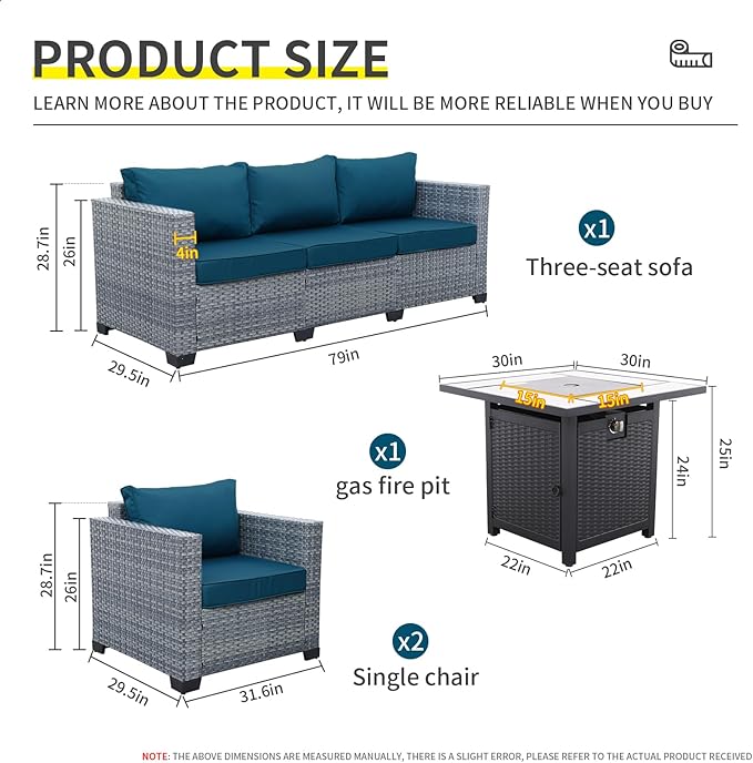 4 Piece Wicker Patio Furniture Sets Outdoor Conversation Set PE Rattan Sectional Sofa Couch with Fire Pit Table and Peacock Blue Cushions