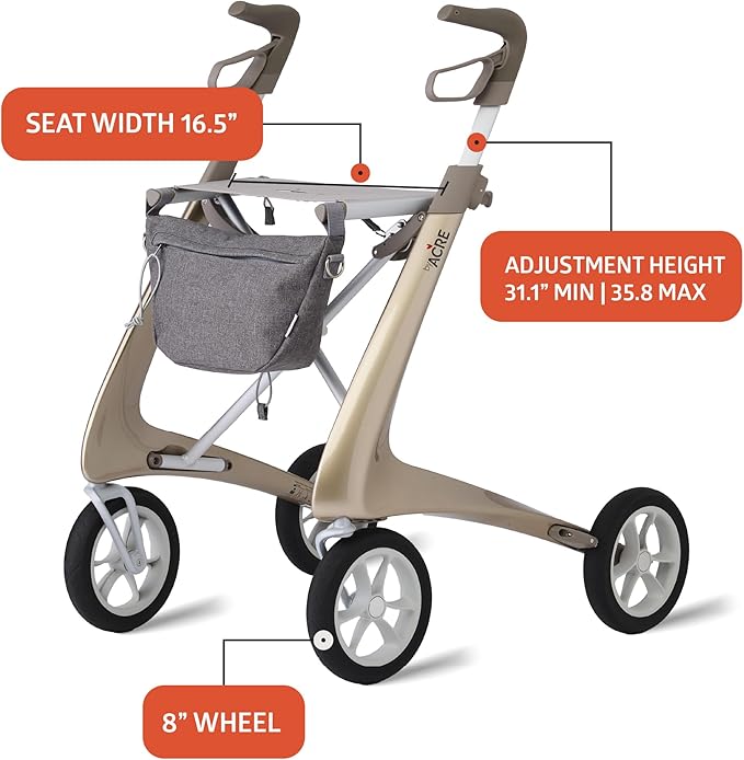 byACRE Ultralight Rollator Walker with Seat, Lightweight Folding Mobility Aid for Seniors, Compact Upright Walking Support,16.5" x 24" Seat (W x H), Comfort Handles and Storage, Gold
