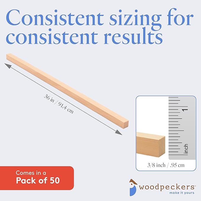 Wood Square Dowel Rods 3/8-inch x 36 Pack of 50 Wooden Craft Sticks for Crafts and Woodworking by Woodpeckers