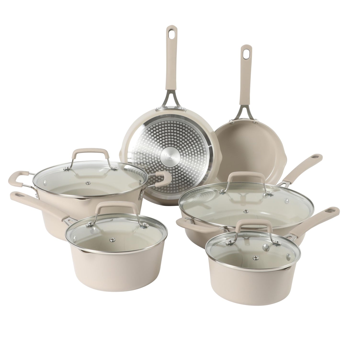 Martha Stewart Heathland Premium Nonstick PFA Free Ceramic Interior 10-Piece Tapered Aluminum Cookware Set - Taupe