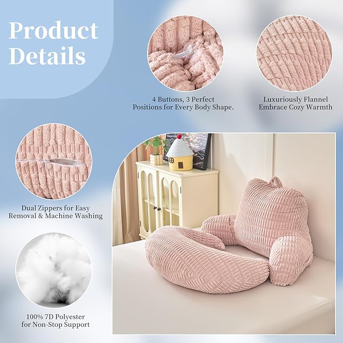 PAJEO Back Pillow for Bed Sitting Up,U Shaped & Back Support Pillow for Bed,17" Backrest with Lumbar & Arm Support,Comfy Corduroy Fabric,Lap Pillow for Gaming/Reading/Watching TV,Pink