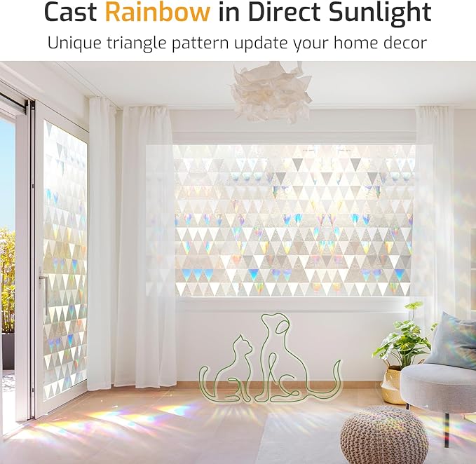 LUTE Window Privacy Film, Decorative Stained Glass Rainbow Window Clings, Sun Blocking Glass Covering, Renter-Friendly Static Cling Sticker Frosted Decals for Home Door Office, 35.4" x 118.1"