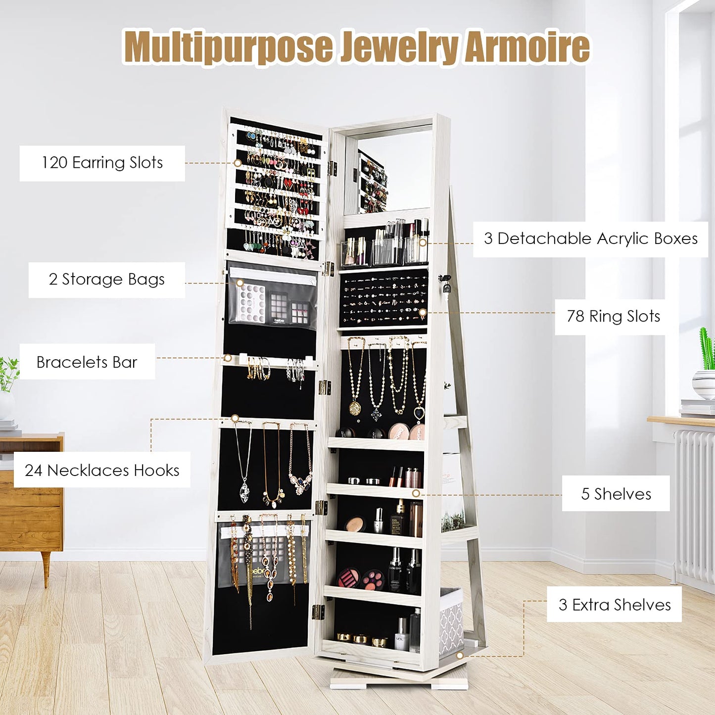 FANTASK 360°Rotating Jewelry Cabinet, Lockable Standing Jewelry Organizer w/Full Length Mirror, Inside Mirror & Rear Storage Shelves, Large Storage Capacity, Jewelry Armoire w/Mirror for Bedroom