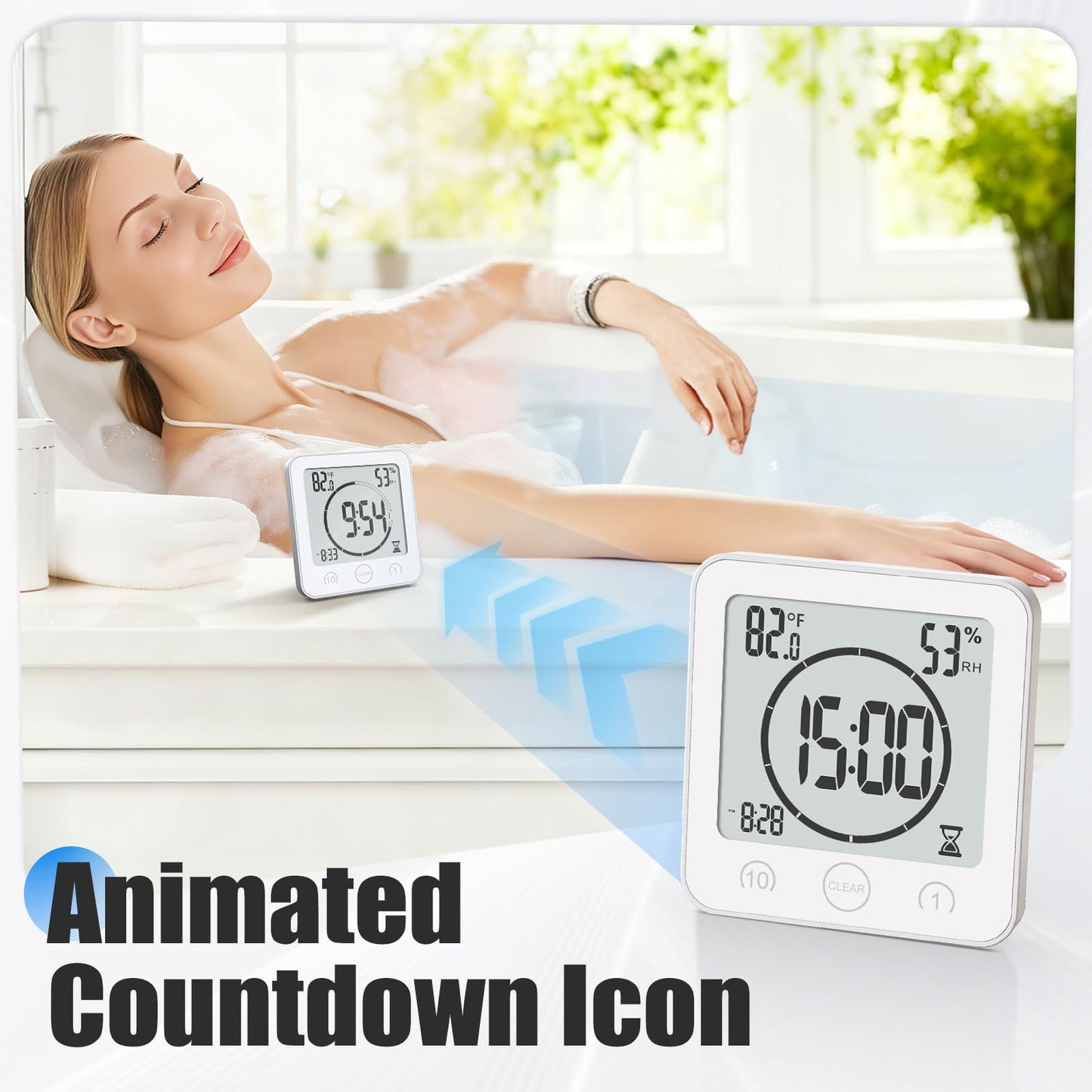 Baldr Shower Clock Waterproof Bathroom Clock with Timer/Temperature/Humidity, Digital Timers for Kids and Adults, Bath Kitchen Study, White