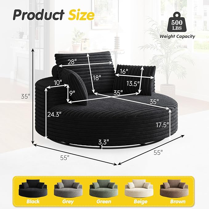 360-Degree Oversized Swivel Chair, Modern Round Circle Corduroy Comfy Deep Seat Swivel Accent Chaise Lounge Sofa Chair with Back Cushion & 2 Throw Pillows for Living Room Bedroom Office, Black
