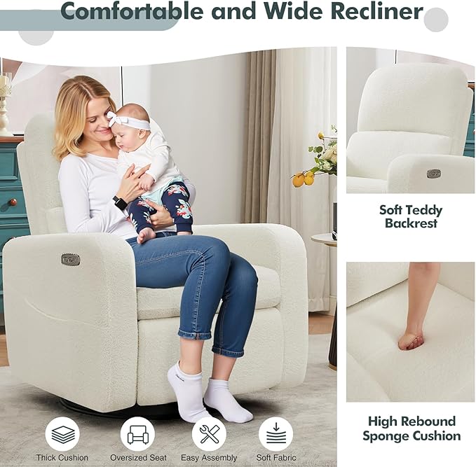 AEMEIOS Power Swivel Rocker Recliner, Oversized Boucle Nursery Glider Recliner, Swivel Rocking Reclining Chair with Removable Cushion and Lumbar Support for Nursery Living Room Bedroom, Teddy White