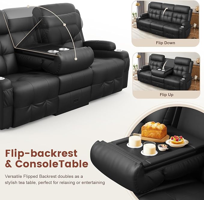 Aotolo Recliner Sofa, Massage Reclining Sofa 3 Seater Sets Heavy Weight Capacity, RV Loveseat Couch Clearance with Flip Back Console, Storage, Cup Holders, Wall Hugger Reclining Couch for Living Room