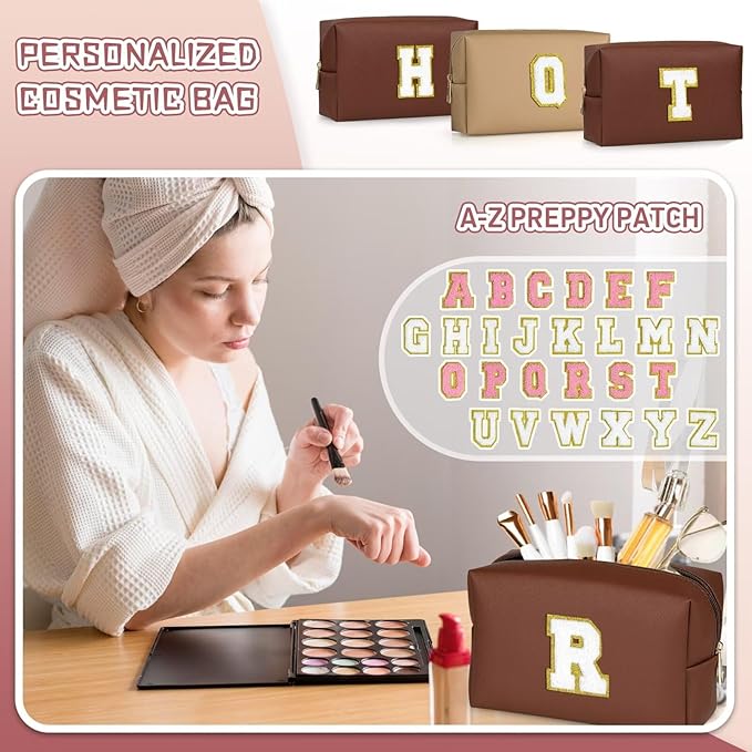 TOPEAST Small Makeup Bag Initial Cosmetic Bag Travel Toiletry Bag, Personalized Birthday Gift for Mom Sister Friends Teacher Nurse, Preppy Travel Stuff for Girls (Brown O)