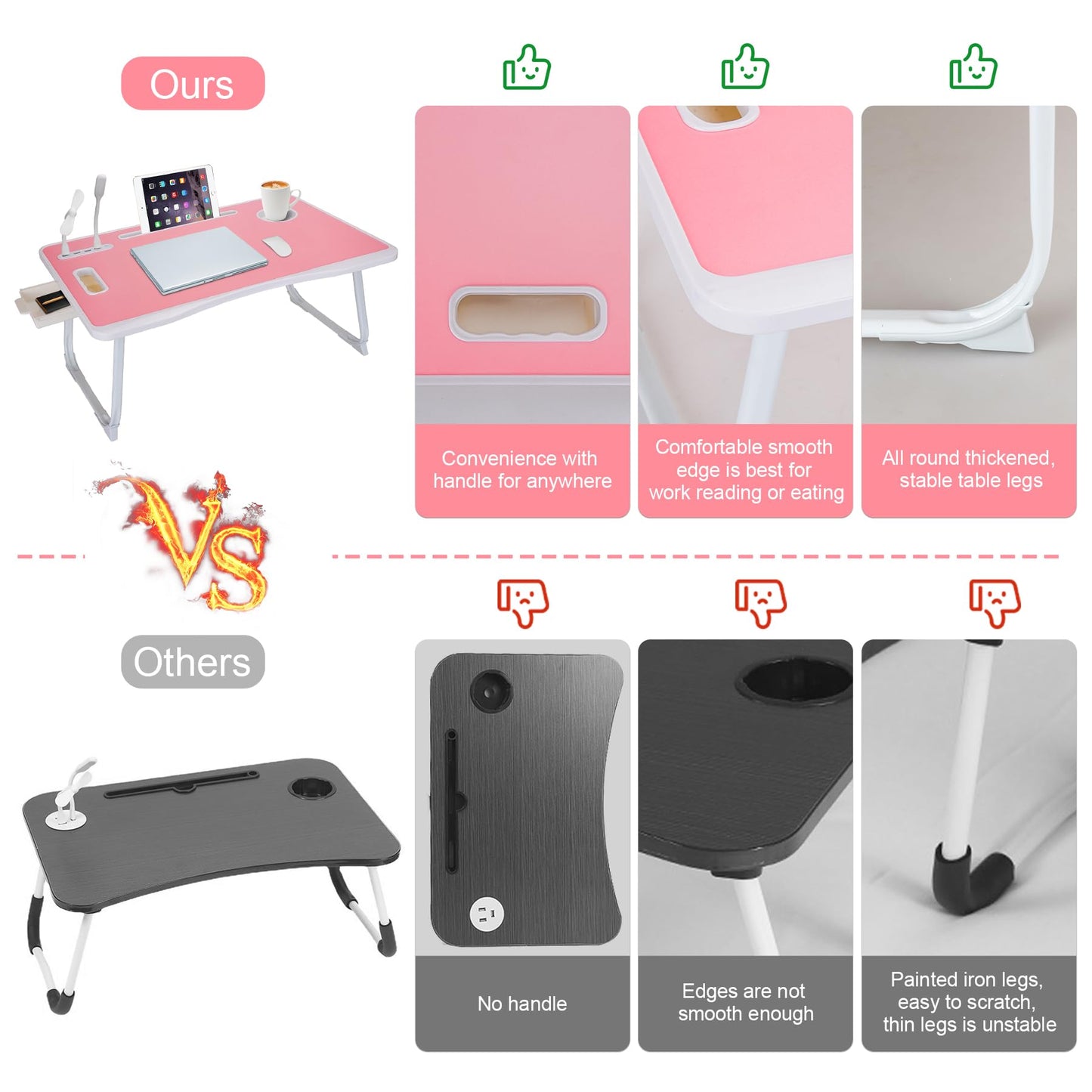 Laptop Bed Table, Laptop Desk for Bed, Foldable Laptop Bed Desk with USB Charge Port, Handle, Desktop Card Slot, Cup Slot, Side Drawer, Portable Laptop Table for Eating Reading Working