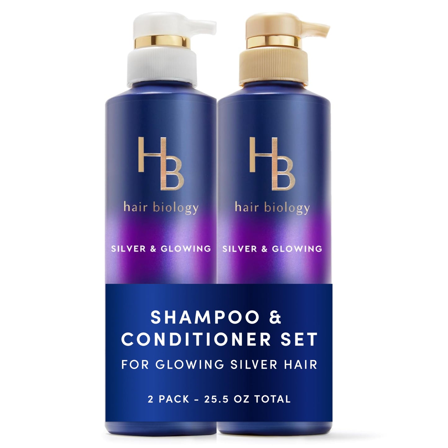 Hair Biology Biotin-Infused Purple Shampoo and Conditioner Set for Grey Hair, Anti-Brassiness, Moisturizing, Color-Safe, Silver